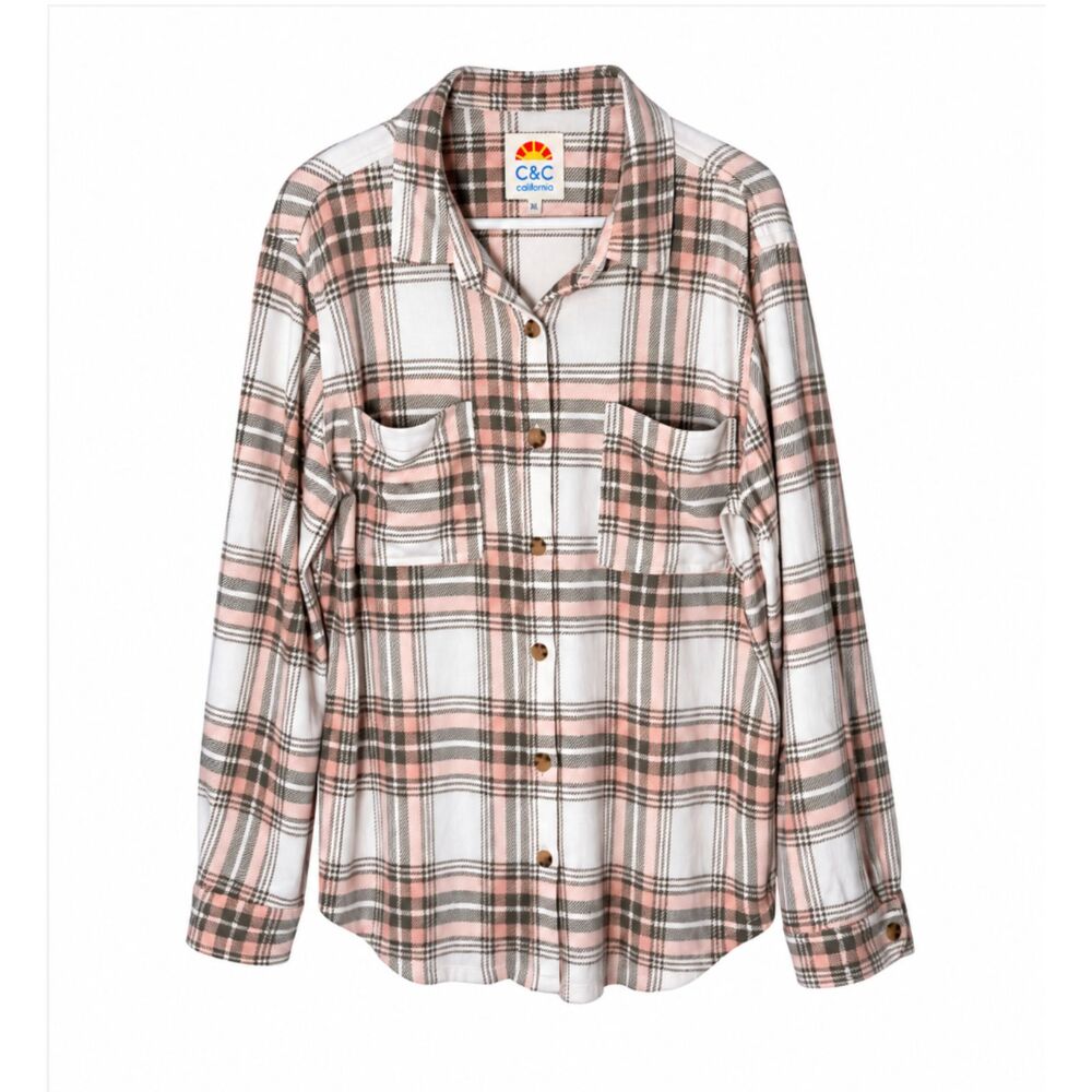 C&C California Women’s XL Soft Pink / Gray Plaid Button Up Shirt Casual Chic